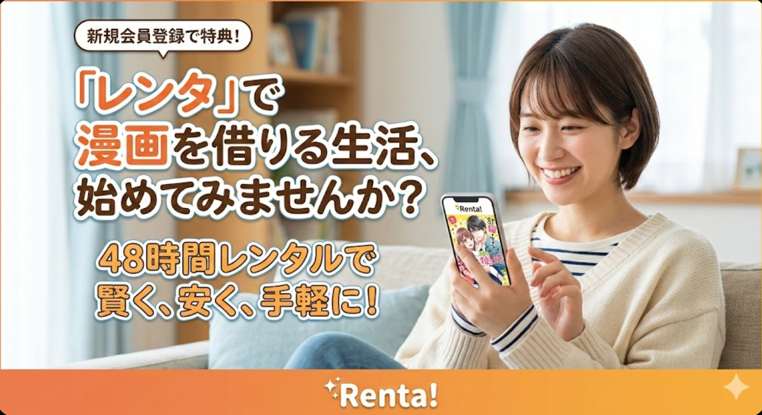 「レンタ」の漫画レンタルサービスをスマートフォンで楽しみ、笑顔でリラックスしている女性のイメージ画像