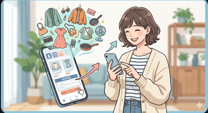 スマートフォンでセカンドストリートのオンラインサイトを操作し、たくさんの洋服や生活雑貨の中からお宝探しを楽しんでいる女性のイラスト。新規登録ボタンを強調。