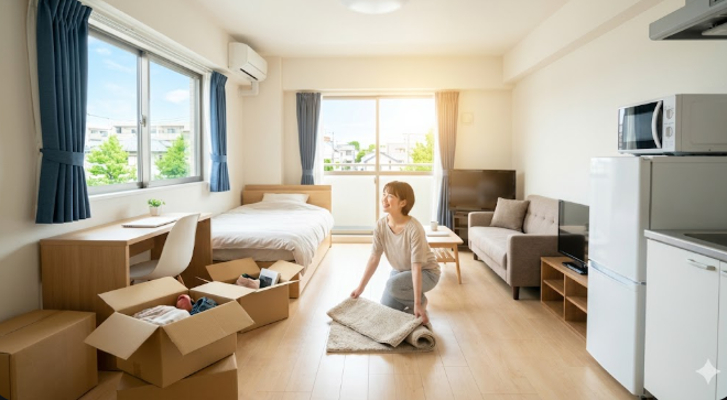 レオパレス21の家具家電付きアパートで、明るい笑顔で新生活の準備を始める若い女性。清潔感のある、陽当たりの良いワンルームの室内。